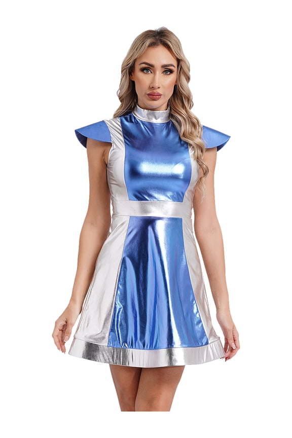 Womens Space Alien Dress Halloween Cosplay Dress Up Costume Shiny Metallic Cap Sleeve Astronaut Space Dresses Light Blue S