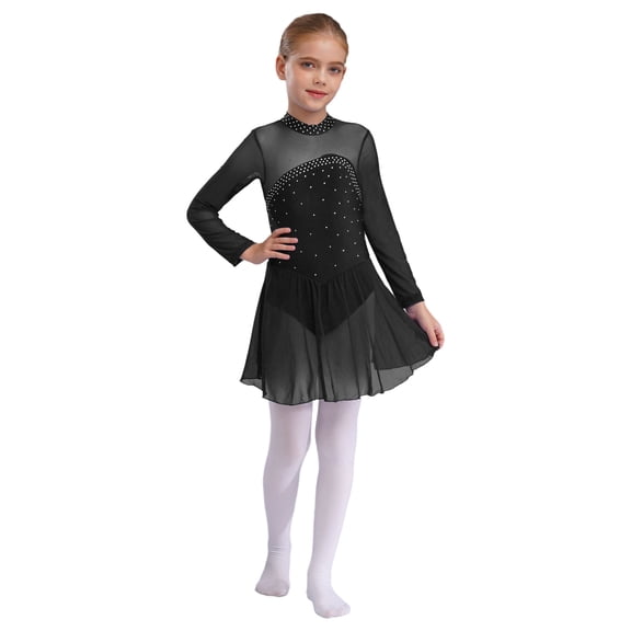 Aislor Girls' Figure Ice Skating Leotard Dress Shiny Rhinestones Long Sleeves Roller Skating Ballet Dancewear Black 6