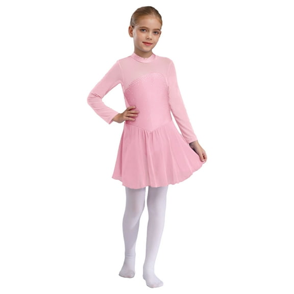 Aislor Girls' Figure Ice Skating Leotard Dress Shiny Rhinestones Long Sleeves Roller Skating Ballet Dancewear Pink 6