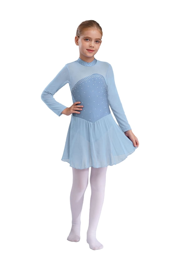 Girls' Figure Ice Skating Leotard Dress Shiny Rhinestones Long Sleeves Roller Skating Ballet Dancewear Sky Blue 10