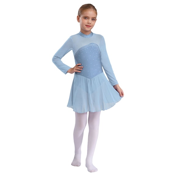 Aislor Girls' Figure Ice Skating Leotard Dress Shiny Rhinestones Long Sleeves Roller Skating Ballet Dancewear Sky Blue 10
