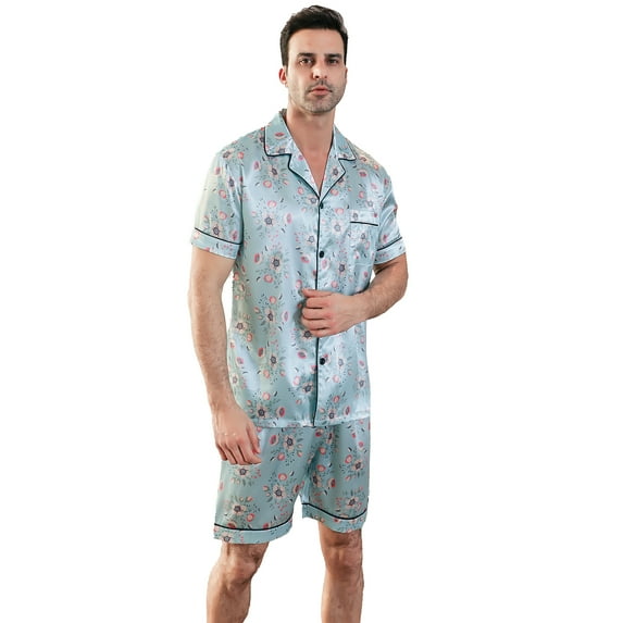 Aisomnus Men Silk Satin Pajamas Set Short Sleeve Button Down Sleepwear Loungewear with Pockets