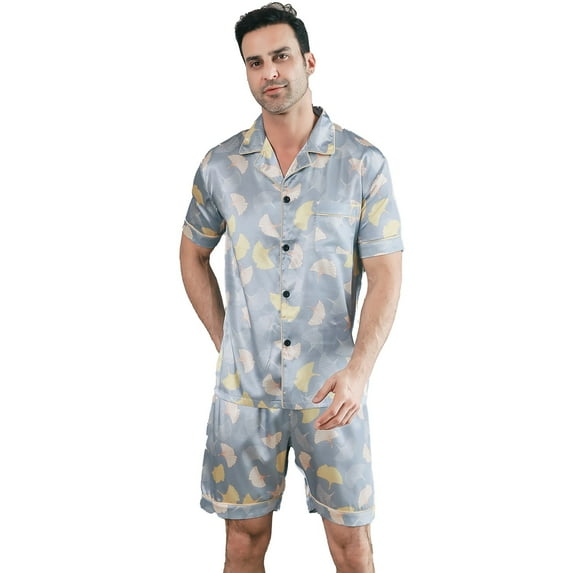 Aisomnus Men's Silk Pajama Set | Silk Satin | Short Sleeve Top and Pants | Buttoned sleepwear Set Two| Gray Gray Leaf Print-XL