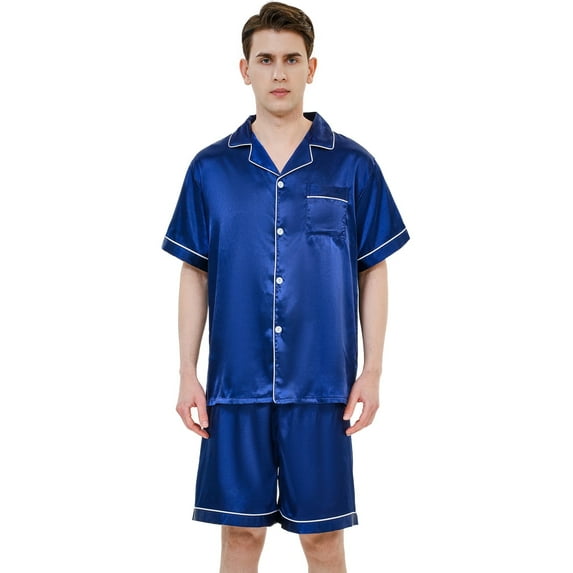 Aisomnus Men's Silk Pajama Set | Silky Satin | Short Sleeve Top and Shorts | Button nightwear Set-L