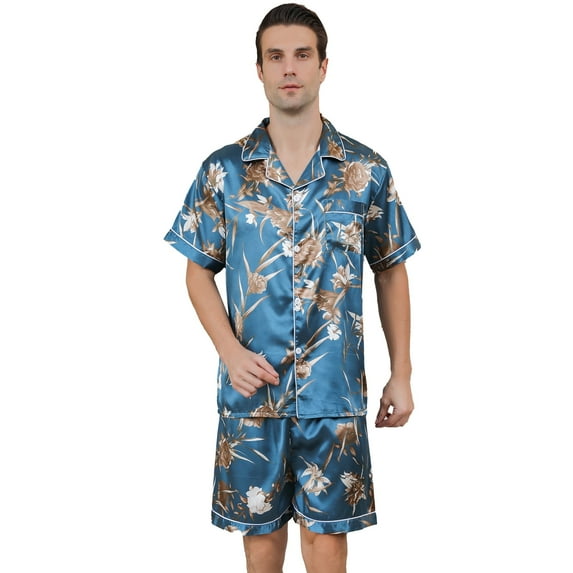 Aisomnus Men's Silk Pajama Set | Silky Satin | Short Sleeve Top and Shorts | Button nightwear Set-XL