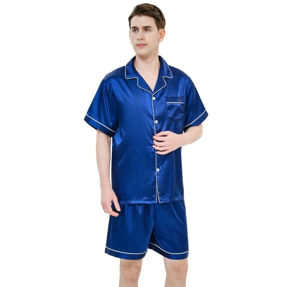 Aisomnus Men's Silk Pajama Set | Silky Satin | Short Sleeve Top and Shorts | Button nightwear Set-XXL