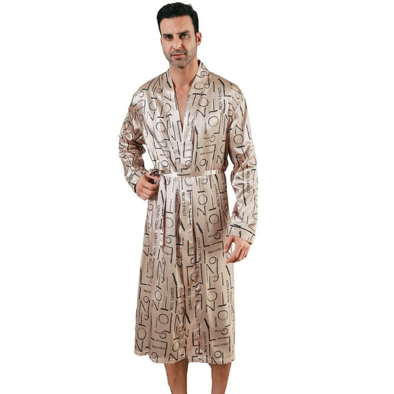 Aisomnus Men's Silky Nightgown Robe,Fashion Long Sleeve Plus Size Pajamas Loose Top Cover Up Homewear,Gold M-XXL