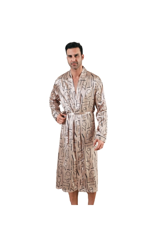 Men's Silky Nightgown Robe,Fashion Long Sleeve Plus Size Pajamas Loose Top Cover Up Homewear,Gold M-XXL
