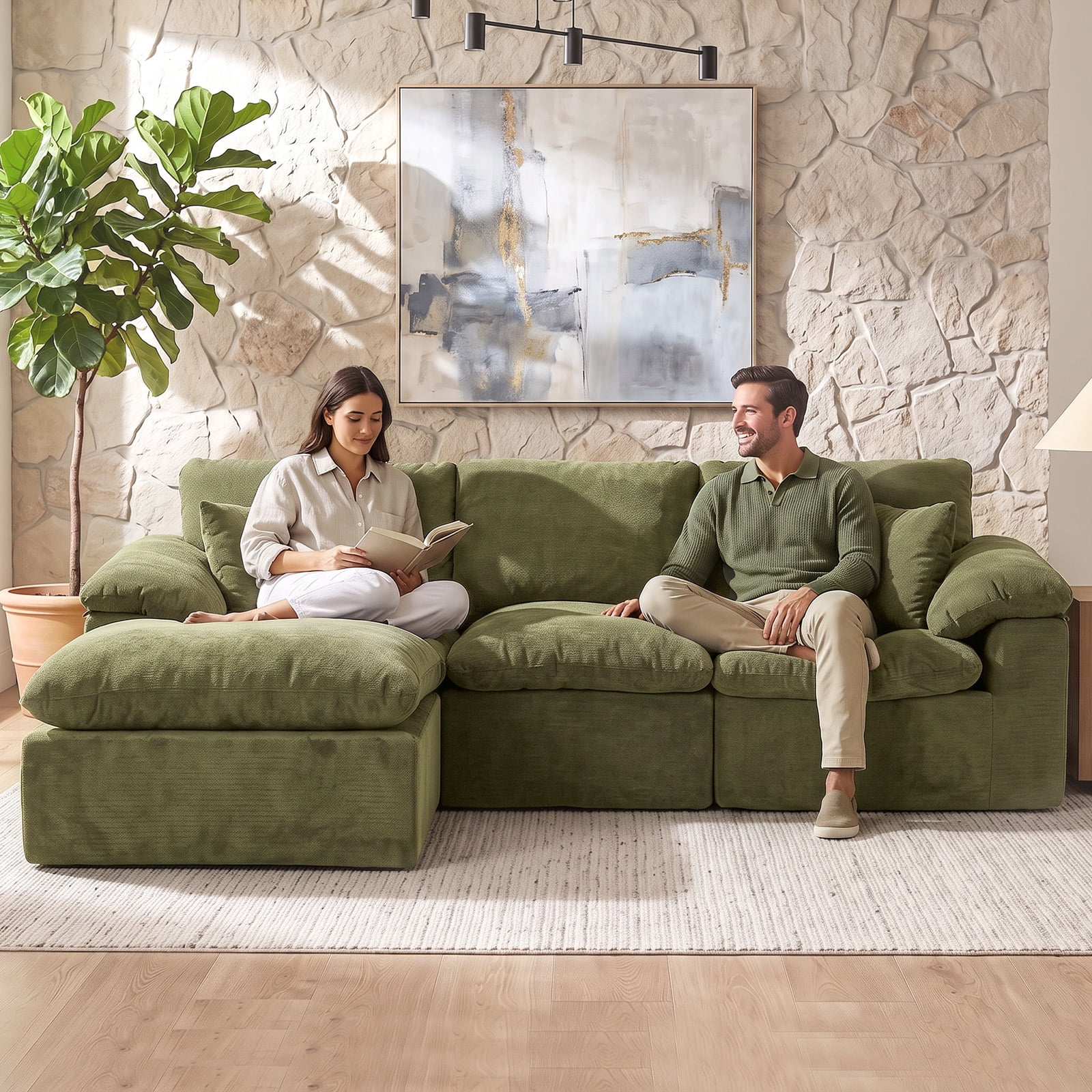 Aisword 102.3" Modular Sectional Sofa,Oversized Cloud Couch with Movable Ottoman,L-Shaped Convertible Boneless Sofa,Deep Seat Chenille Sectional Couch for Living Room,Green