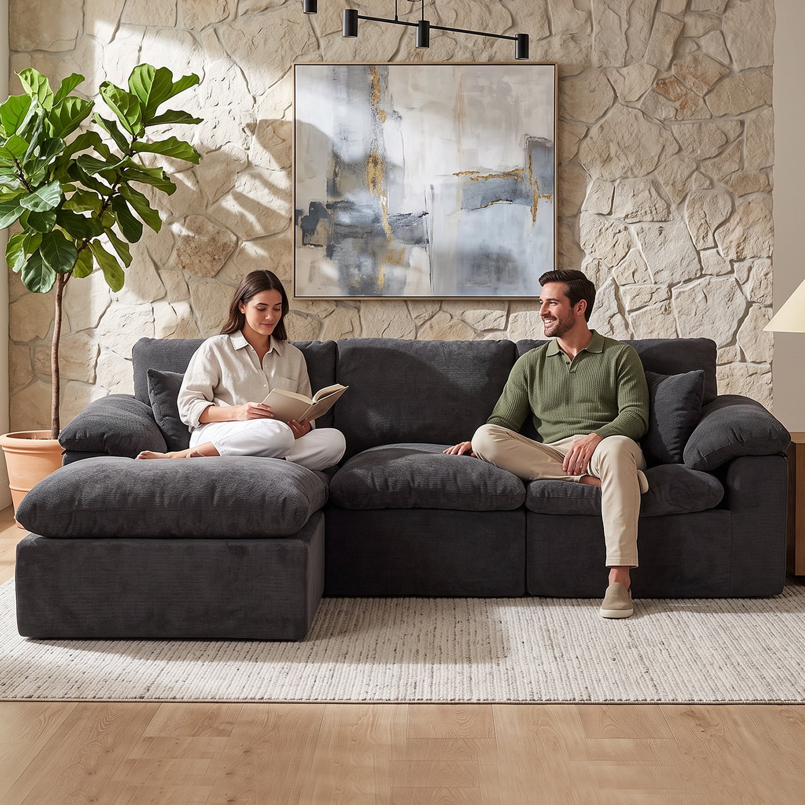Aisword 102.3" Modular Sectional Sofa,Oversized Cloud Couch with Movable Ottoman,L-Shaped Convertible Boneless Sofa,Deep Seat Chenille Sectional Couch for Living Room,Black