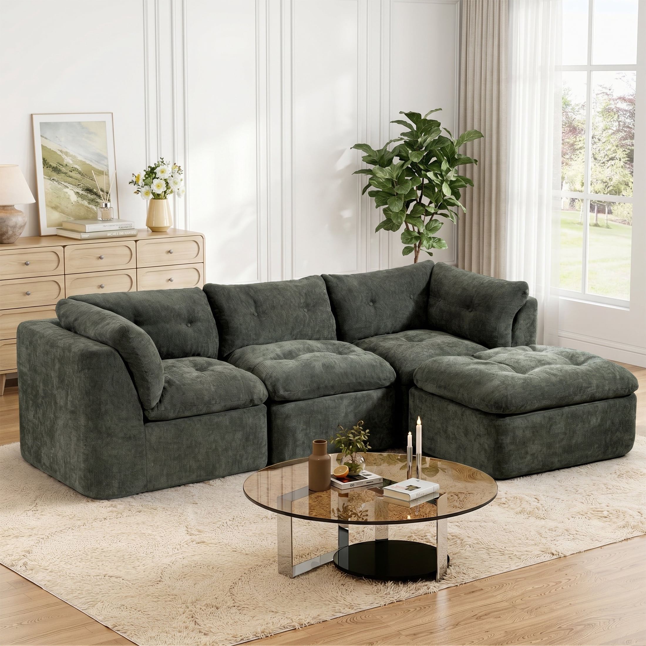 AISWORD Modular Sectional Sofa, Deep Seat Cloud Couch with Ottoman, 4-Seater Convertible L-Shaped Chenille Fabric Couch, Oversized Comfortable Frame-Free Set for Living Room, No Assembly, Green