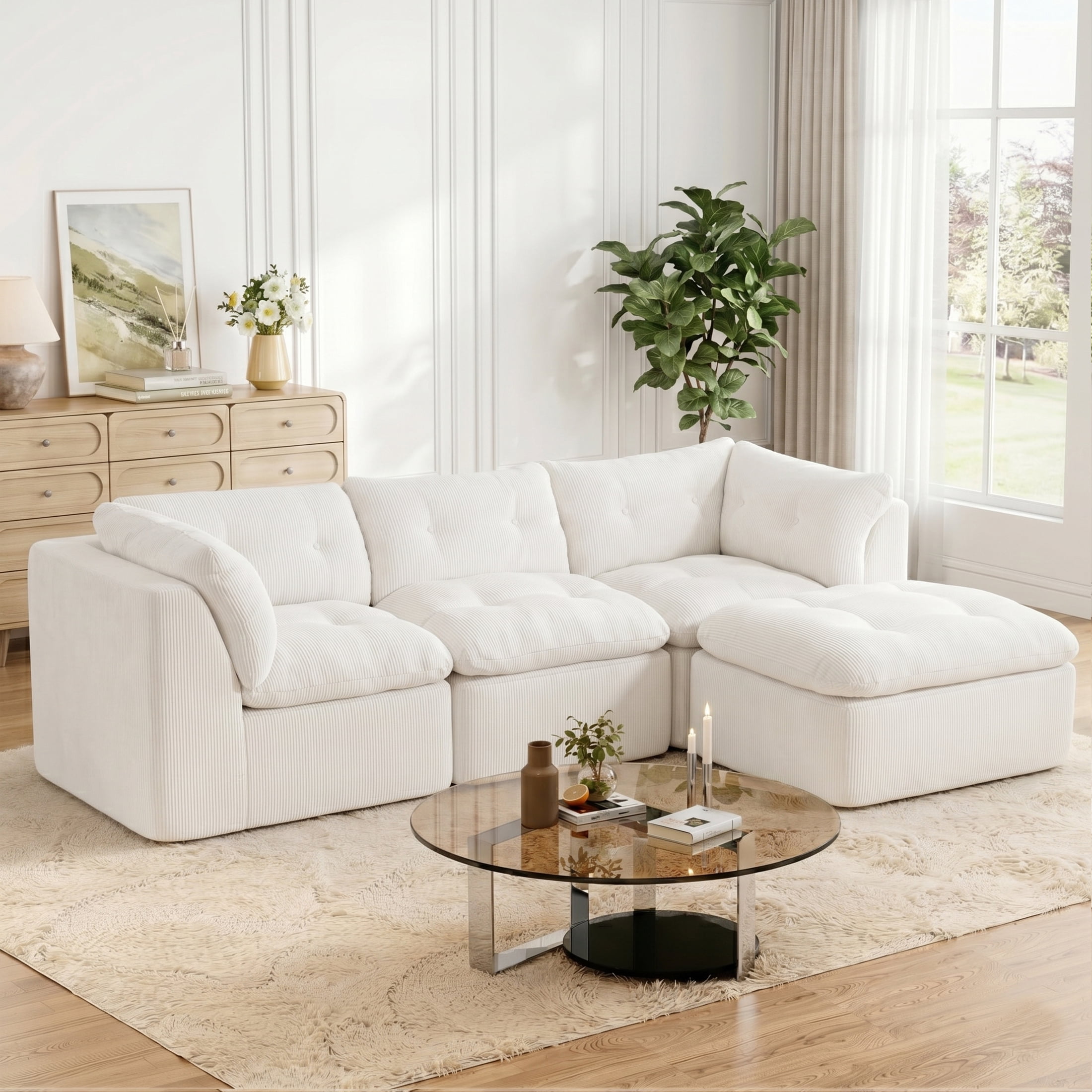 AISWORD Modular Sectional Sofa, Deep Seat Cloud Couch with Ottoman, 4-Seater Convertible L-Shaped Chenille Fabric Couch, Oversized Comfortable Frame-Free Set for Living Room, No Assembly, White
