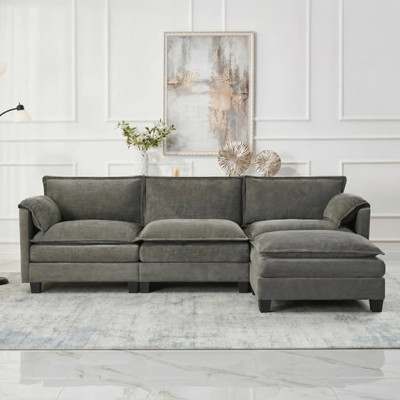 Aisword 107.4" L Shaped Modular Sectional Sofa with Movable Ottoman & Side Storage Pockets, 4 Seat Convertible Set for Living Room & Office, Grey