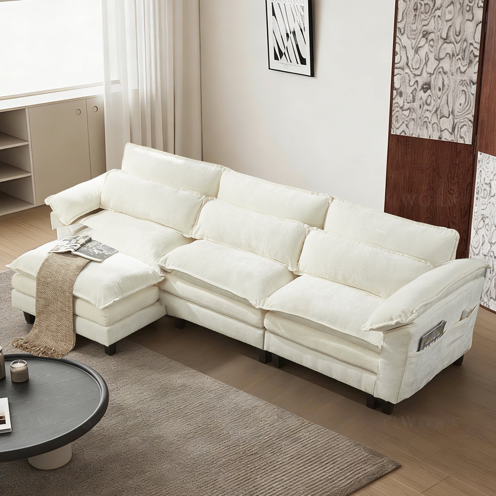 Aisword 113" Modular Sectional Sofa,L Shaped Modern Cloud Couch with Ottoman,3-Seat Chenille Deep Seat Sofa,USB Port,Beige