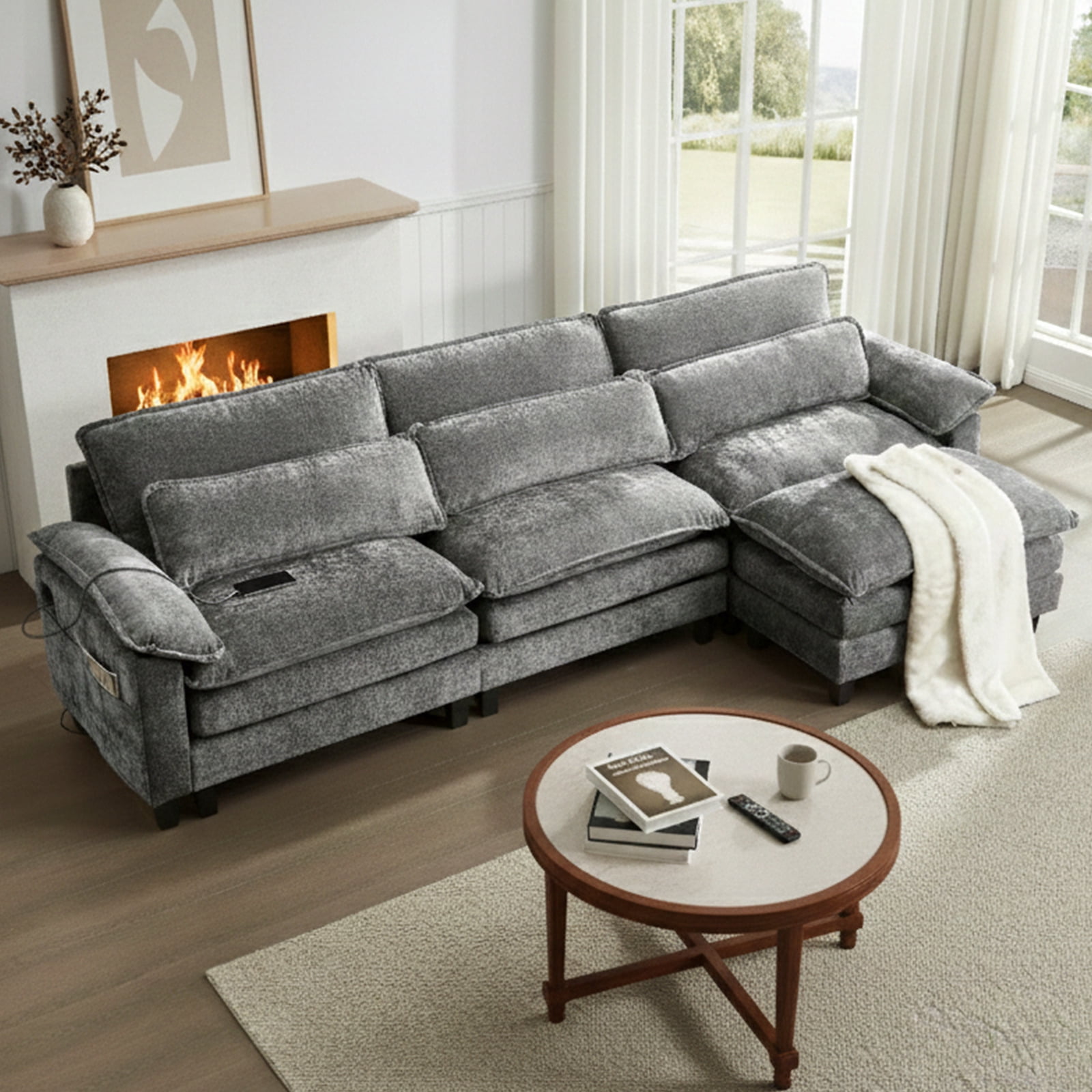 Aisword 113" Modular Sectional Sofa,L Shaped Modern Cloud Couch with Ottoman,3-Seat Chenille Deep Seat Sofa,USB Port,Gray