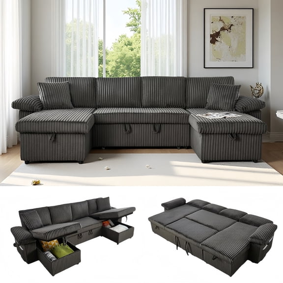 Aisword 113" Sectional Couch with Storage Chaise, U Shaped Adjustable Backrest Couch with Pull Out Bed, 4 Seater Sectional Couches for Living Room (Corduroy, Dark Grey)