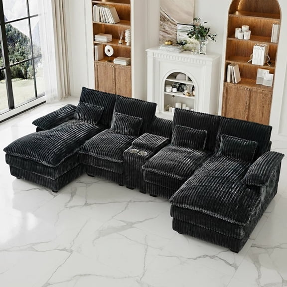 Aisword 124" U Shaped Cloud Couch Sectional with USB Charging, Hidden Storage, Cup Holders & Chenille Double Chaise, Grey