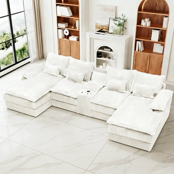 Aisword 124" U Shaped Cloud Couch Sectional with USB Charging, Hidden Storage, Cup Holders & Chenille Double Chaise, White
