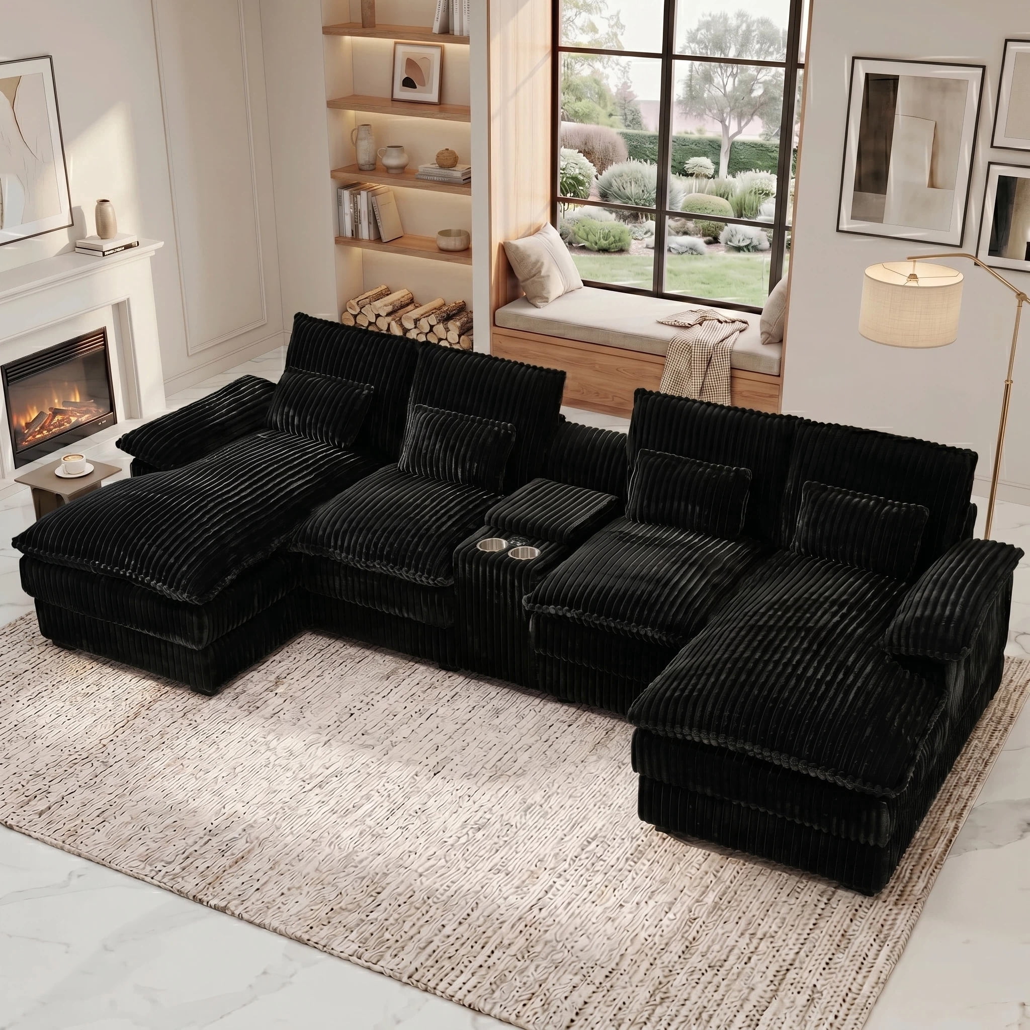 Vinform 124" U Shaped Cloud Couch Sectional with USB Charging, Hidden Storage, Cup Holders & Double Chaise, Black