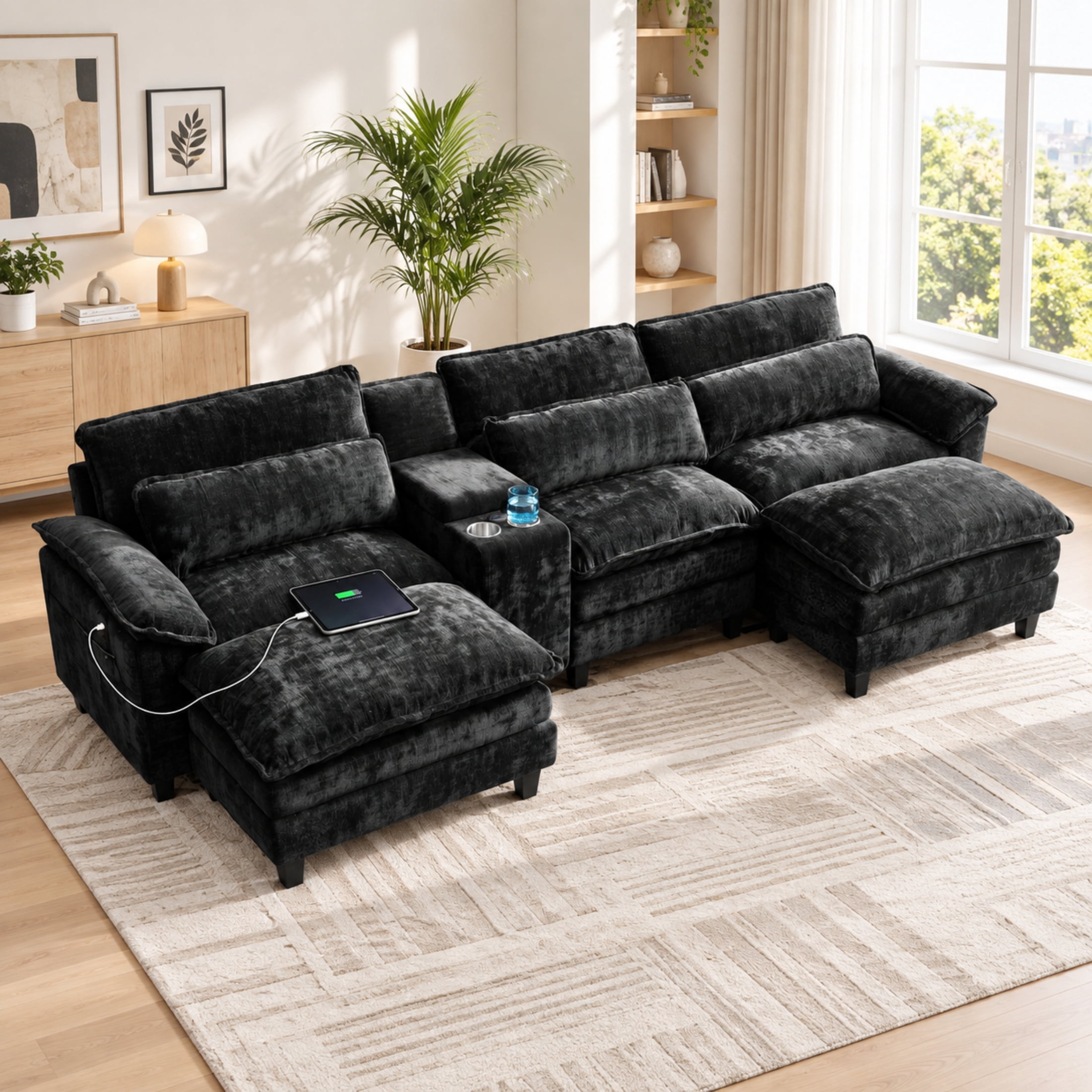 UBERLYFE 119" U-Shaped Cloud Sectional Sofa, Modular Couch With Double Chaise, USB Charging Ports, Hidden Storage & Cup Holders For Living Room, Black