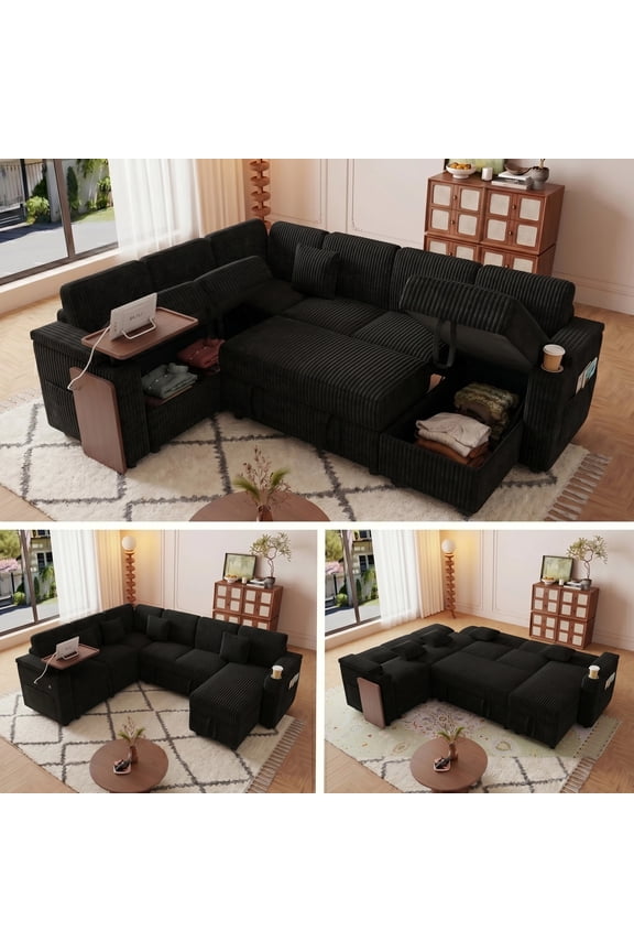 100" Modular U Shaped Sectional Sofa Bed with Pull Out Bed, Large 7‑Seat Convertible Couch with Storage Chaise, USB Charging Ports & Cup Holders, Black