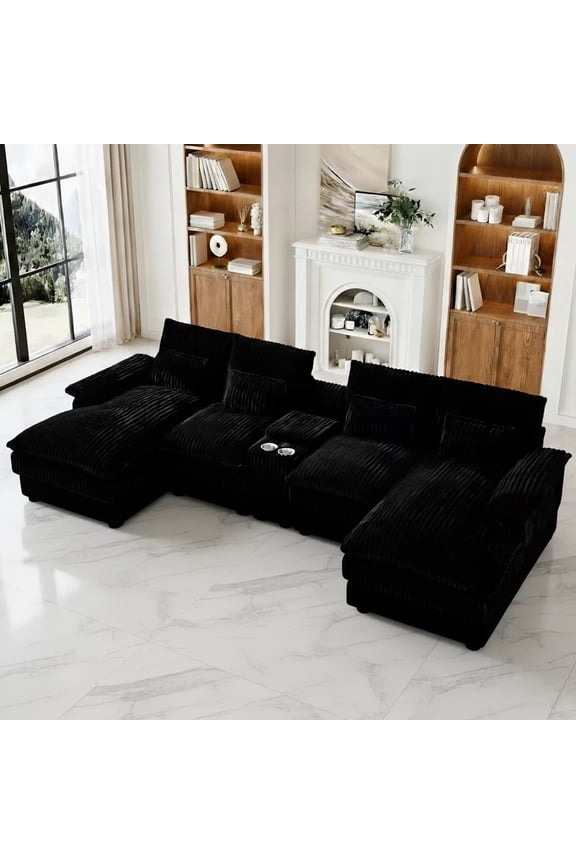 124" U Shaped Cloud Couch Sectional with USB Charging, Hidden Storage, Cup Holders & Double Chaise, Black