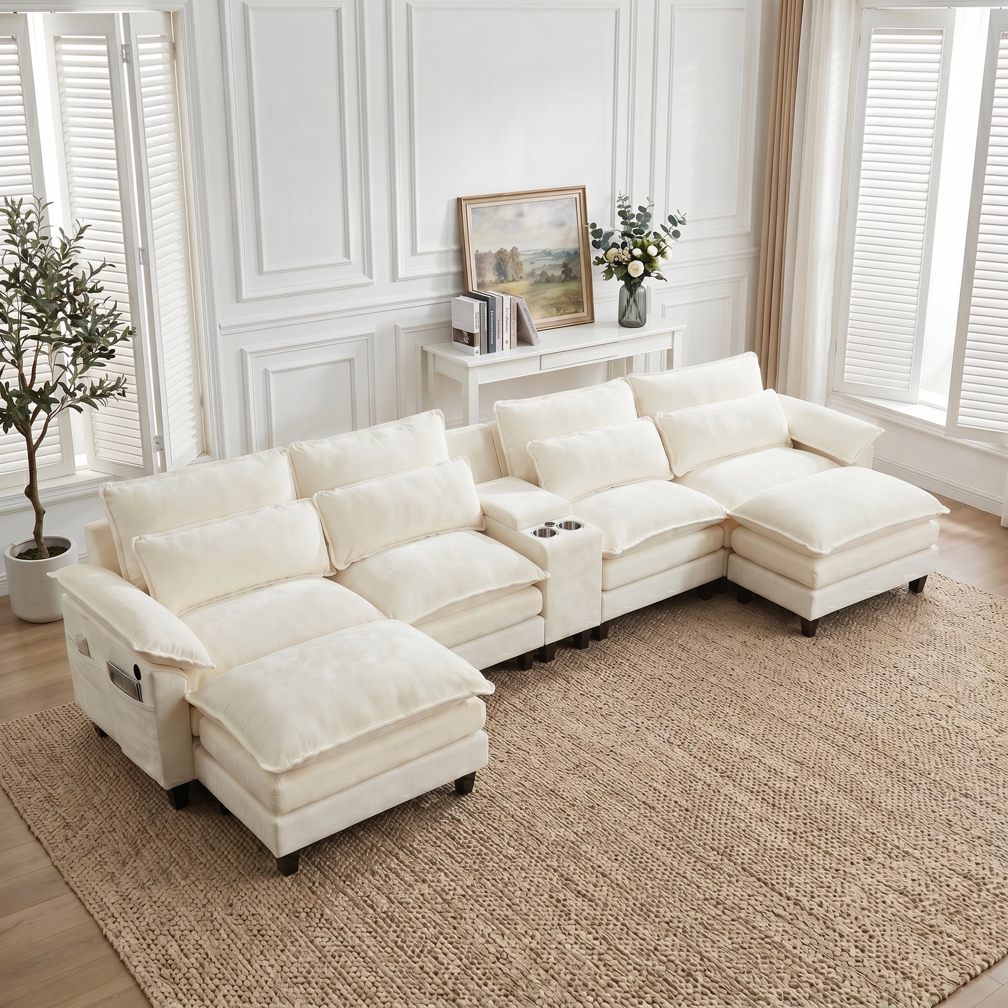 AISWORD 157" U Shaped Cloud Couch Sectional, Oversized Modular Sofa with USB Charging, Hidden Storage, Cup Holders & Double Chaise for Living Room, Beige