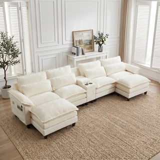 AISWORD 157" U Shaped Cloud Couch Sectional, Oversized Modular Sofa with USB Charging, Hidden Storage, Cup Holders & Double Chaise for Living Room, Beige