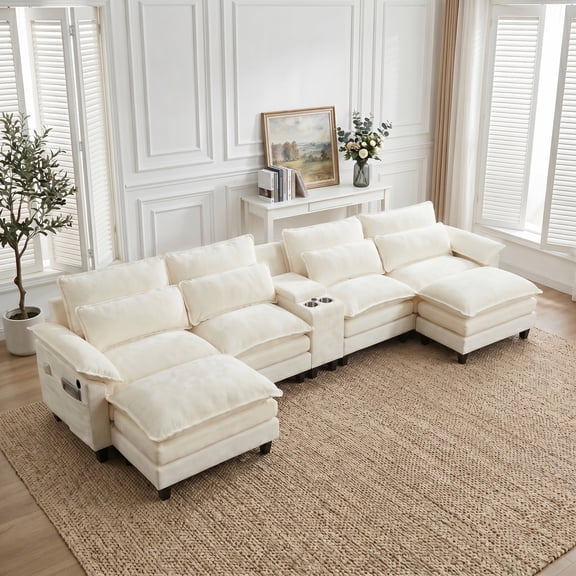 AISWORD 157" U Shaped Cloud Couch Sectional, Oversized Modular Sofa with USB Charging, Hidden Storage, Cup Holders & Double Chaise for Living Room, Beige