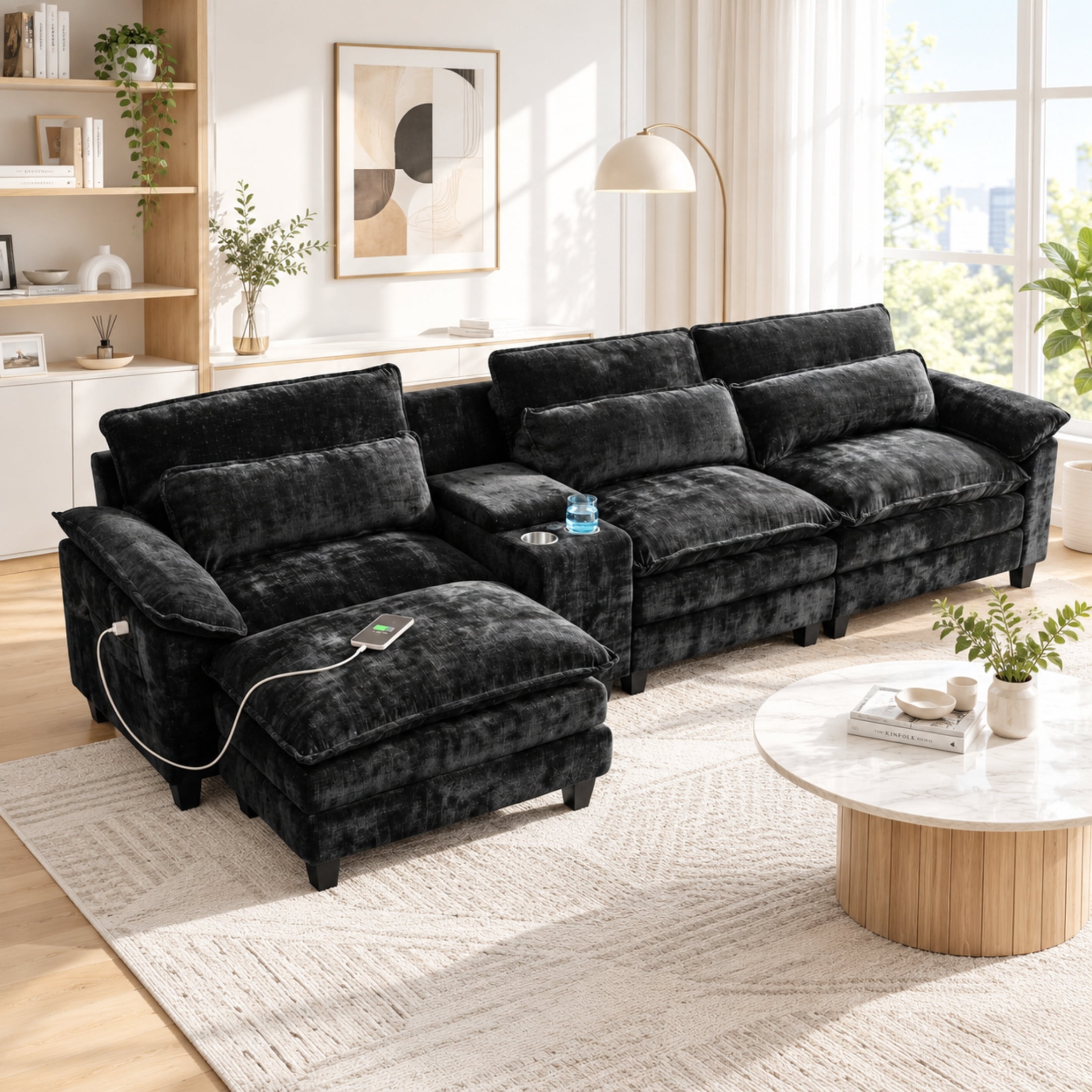 UBERLYFE 119" L Shaped Cloud Modular Sectional Sofa, Deep Wide Seat Couch with Ottoman, USB Charging Ports, Side Storage Pockets & Throw Pillows, Modern Chenille Living Room Furniture, Black