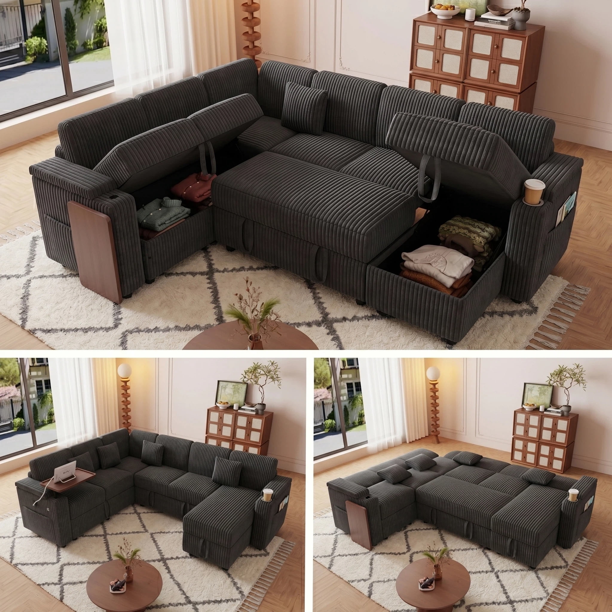 AISWORD 100" Modular U Shaped Sectional Sofa Bed with Pull Out Bed, Large 7‑Seat Convertible Couch with Storage Chaise, USB Charging Ports & Cup Holders, Dark Gray