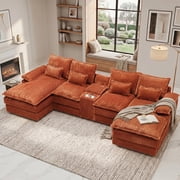Vinform 124" U Shaped Cloud Couch Sectional with USB Charging, Hidden Storage, Cup Holders & Double Chaise, Orange