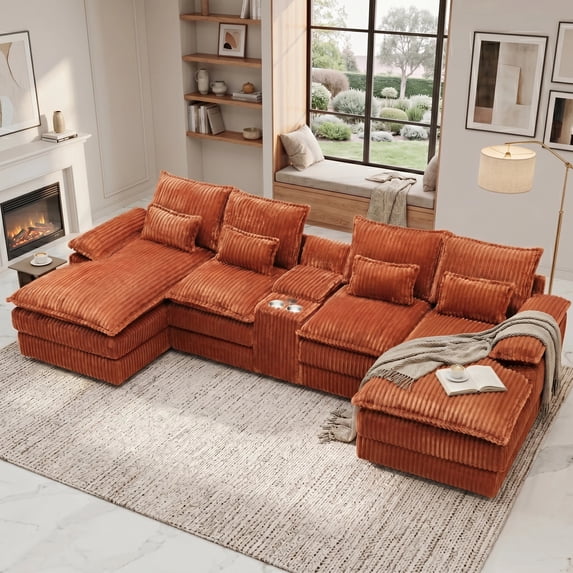 Vinform 124" U Shaped Cloud Couch Sectional with USB Charging, Hidden Storage, Cup Holders & Double Chaise, Orange