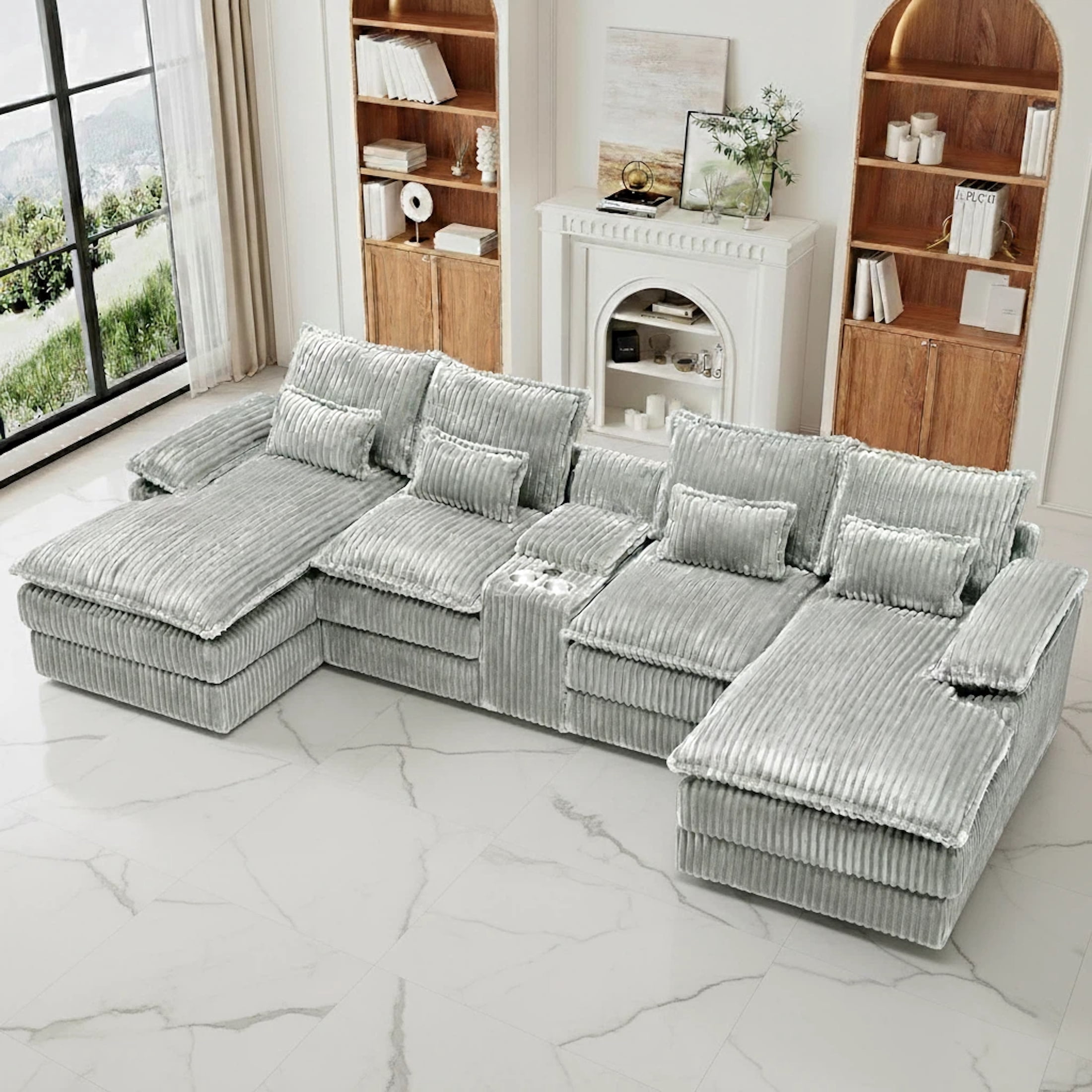 Aisword 124" U Shaped Cloud Couch Sectional with USB Charging, Hidden Storage, Cup Holders & Chenille Double Chaise, Light Grey