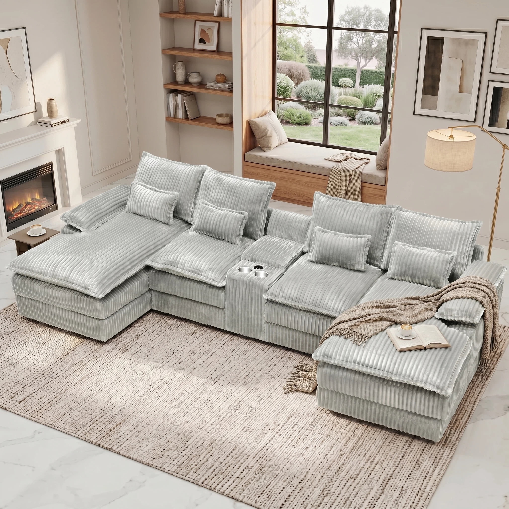 Vinform 124" U Shaped Cloud Couch Sectional with USB Charging, Hidden Storage, Cup Holders & Chenille Double Chaise, Light Grey