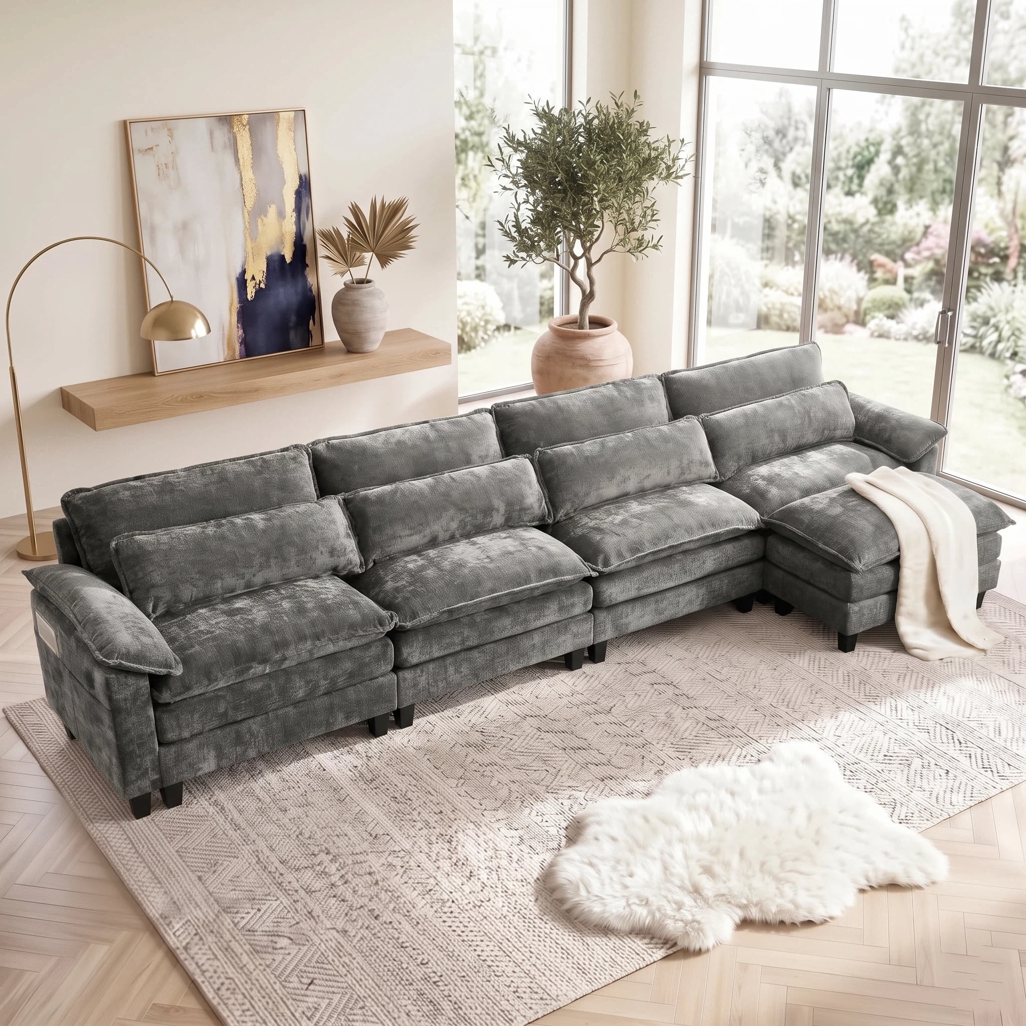 UBERLYFE 148" L Shaped Cloud Modular Sectional Sofa, Deep Wide Seat Couch with Ottoman, USB Charging Ports, Side Storage Pockets & Throw Pillows, Modern Chenille Living Room Furniture, Gray
