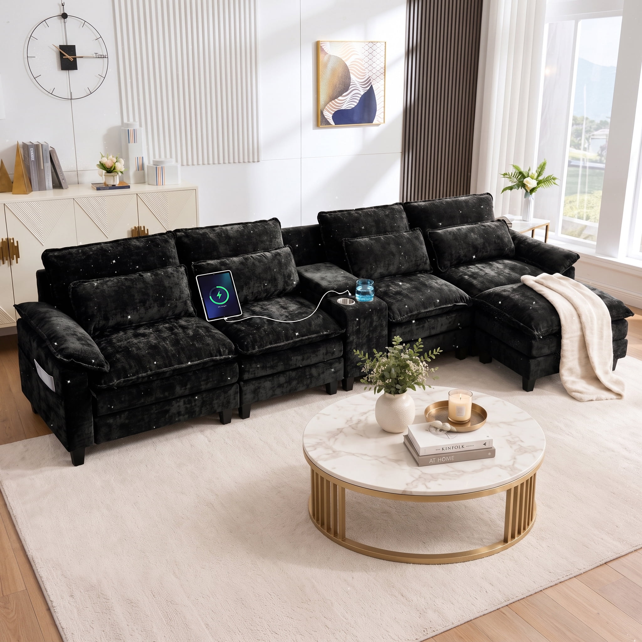 UBERLYFE 157" U-Shaped Cloud Sectional Sofa, Modular Couch With Double Chaise, USB Charging Ports, Hidden Storage For Living Room, Black