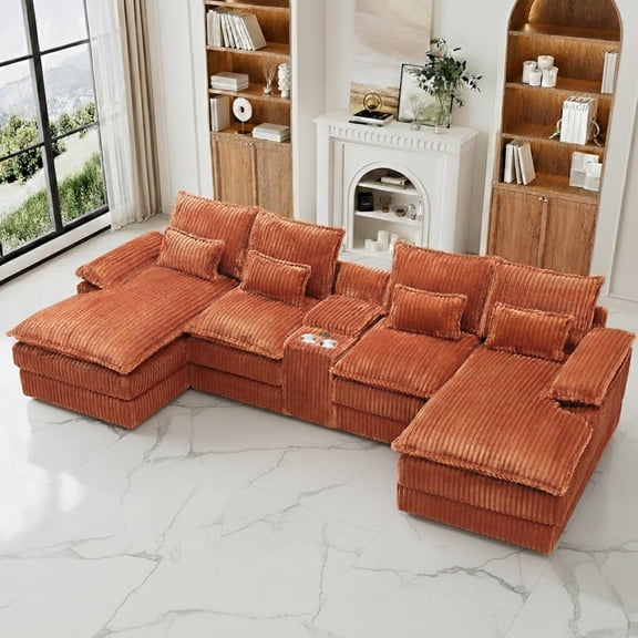 Aisword 124" U Shaped Cloud Couch Sectional with USB Charging, Hidden Storage, Cup Holders & Chenille Double Chaise, Orange