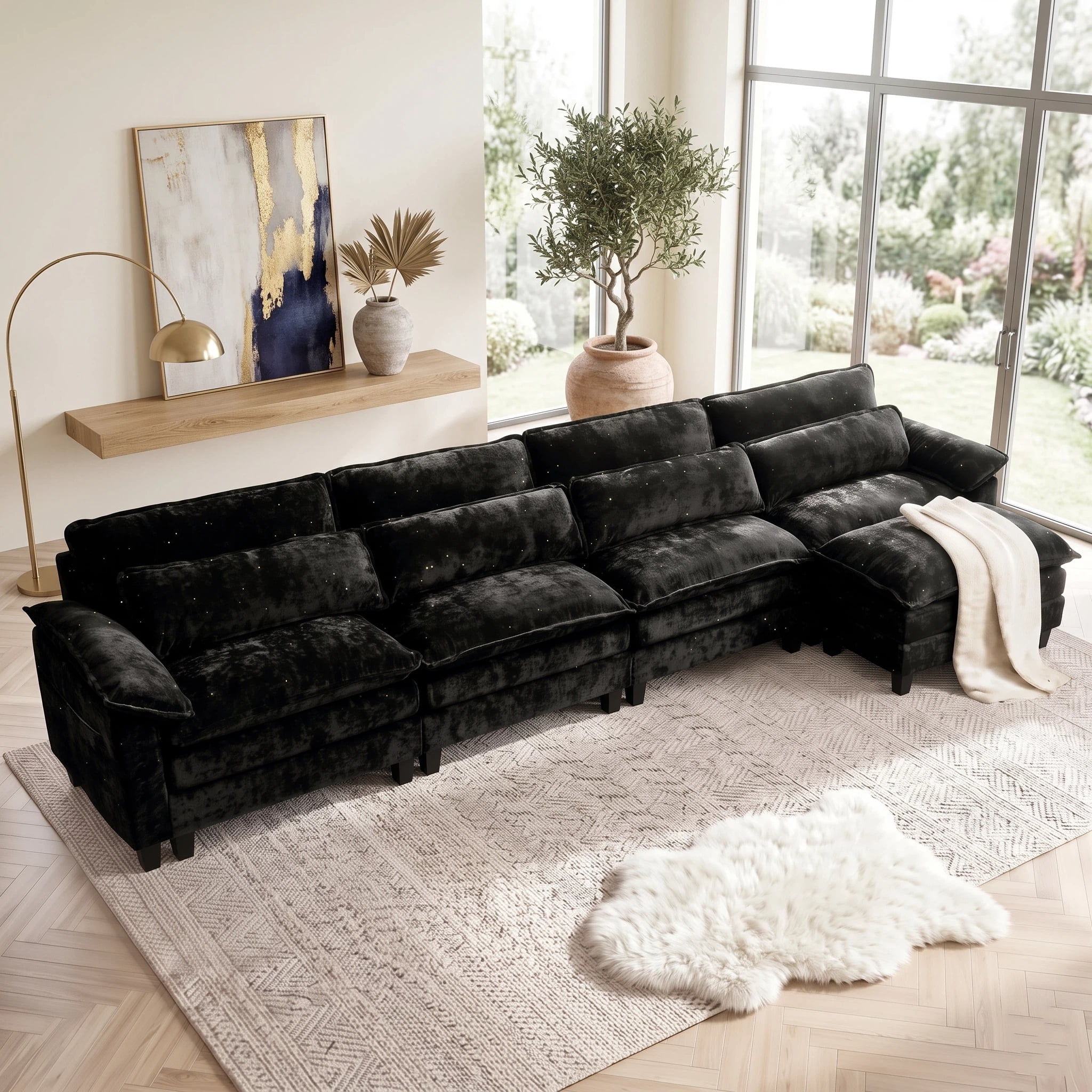 UBERLYFE 148" L Shaped Cloud Modular Sectional Sofa, Deep Wide Seat Couch with Ottoman, USB Charging Ports, Side Storage Pockets & Throw Pillows, Modern Chenille Living Room Furniture, Black