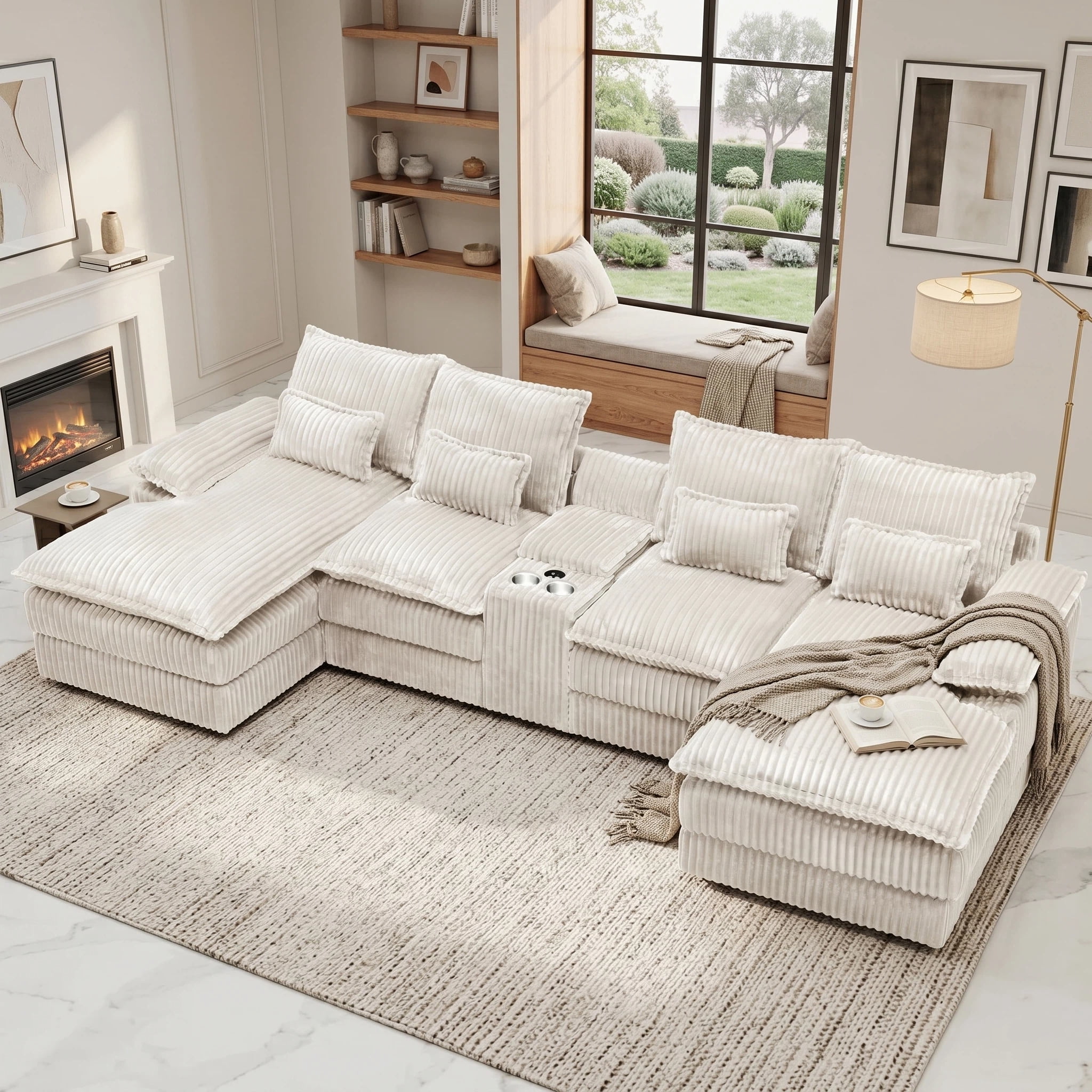 Vinform 124" U Shaped Cloud Couch Sectional with USB Charging, Hidden Storage, Cup Holders & Double Chaise, White