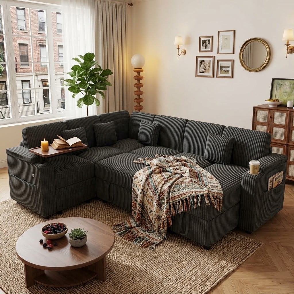 ShiKeyi 100'' Pull-out Sofa With USB ports, Table Board and Cup Holder, Comfortable Soft Cushioned Corduroy Fabric Sofa Bed, Extra-large U-shaped Combination Storage sofa bed, Dark Gray