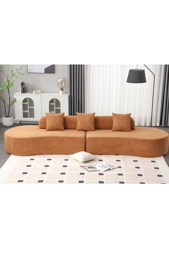 130.5” Oversized Curved Couch,Modern Boneless Cloud Sectional Sofa with 3 Pillows,Curved Sofas for Living Room, No Assembly Required, Terrycloth Fabric, Brown
