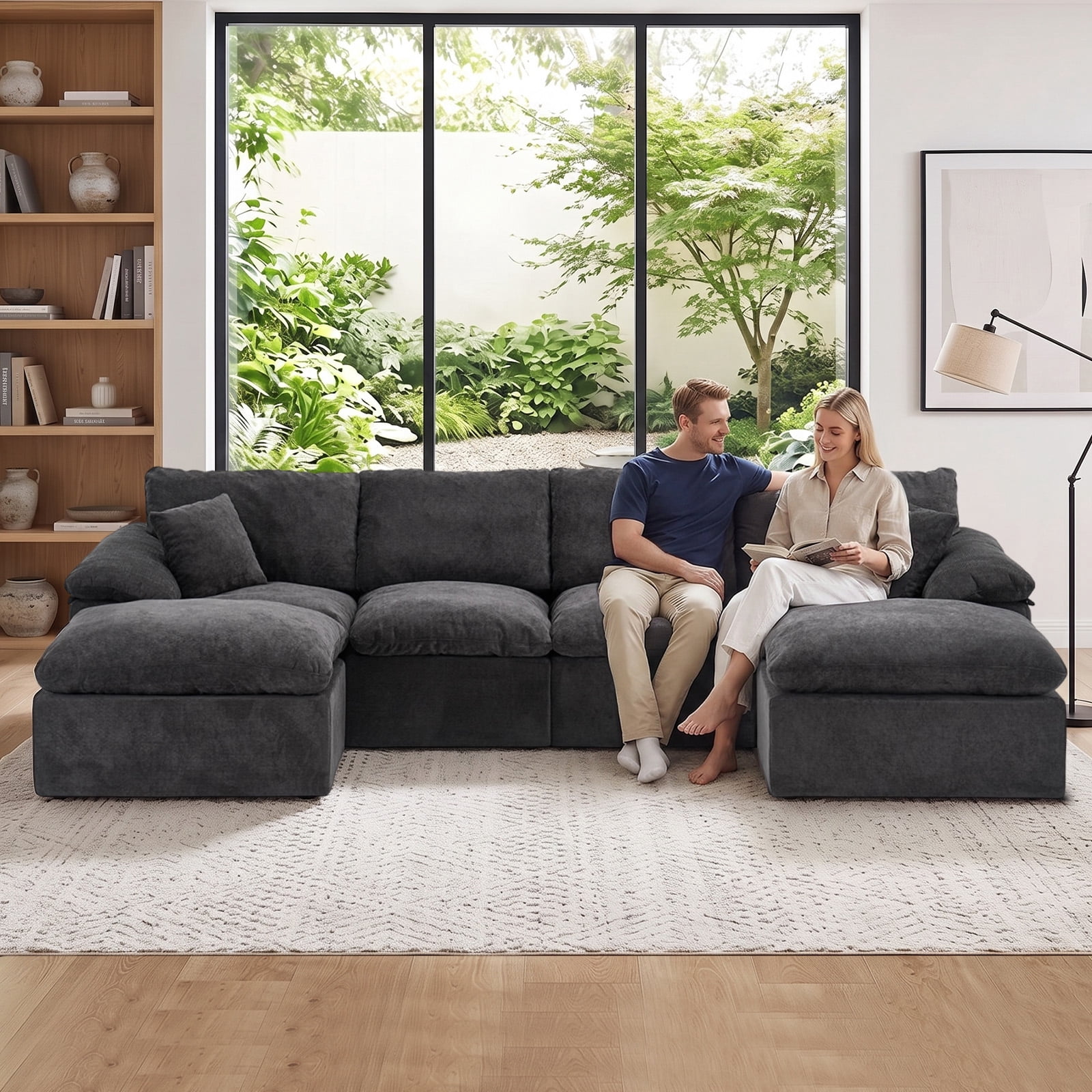 Aisword 130" Modular Sectional Sofa,Oversized Cloud Couch with Movable Ottoman,U-Shaped Convertible Boneless Sofa,Deep Seat Chenille Sectional Couch for Living Room,Black