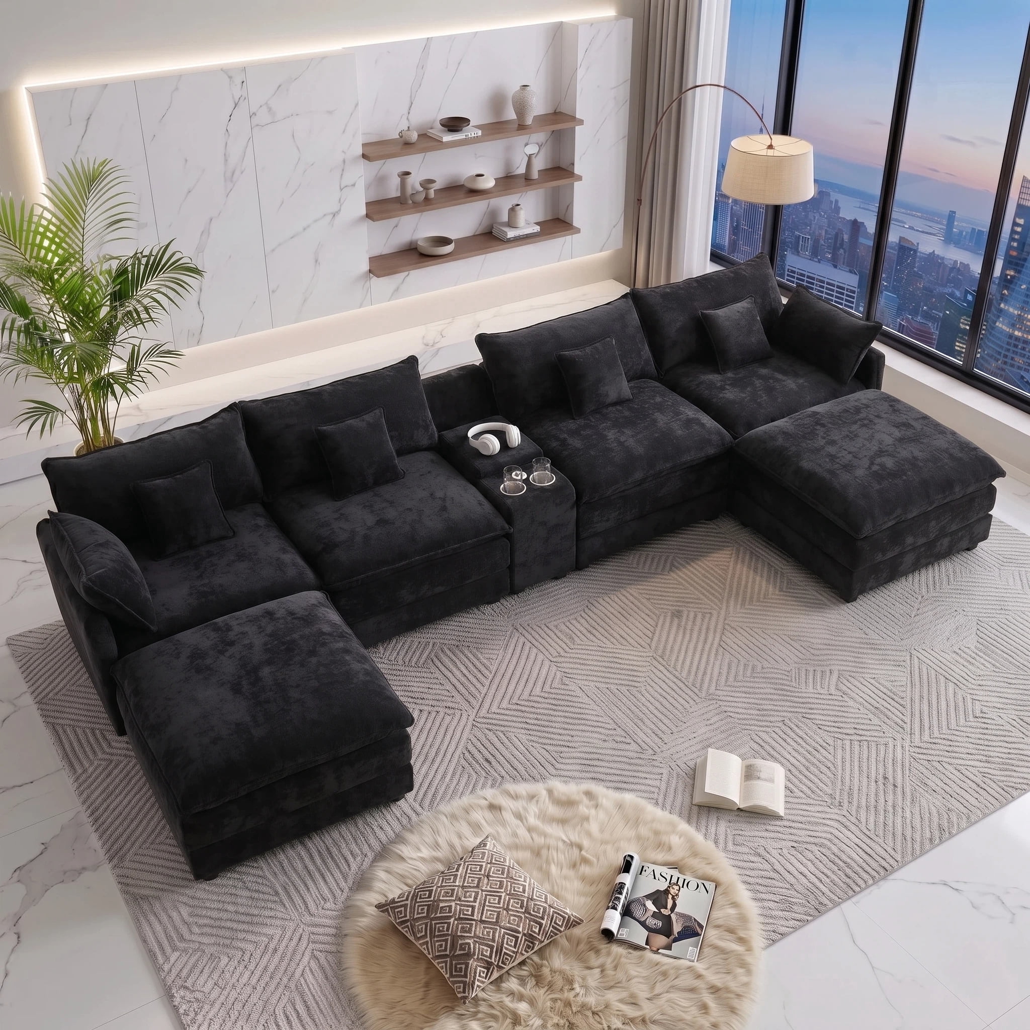 Vinform 145" U Shaped Cloud Couch Sectional with USB Charging, Hidden Storage, Cup Holders & Chenille Double Chaise, Black