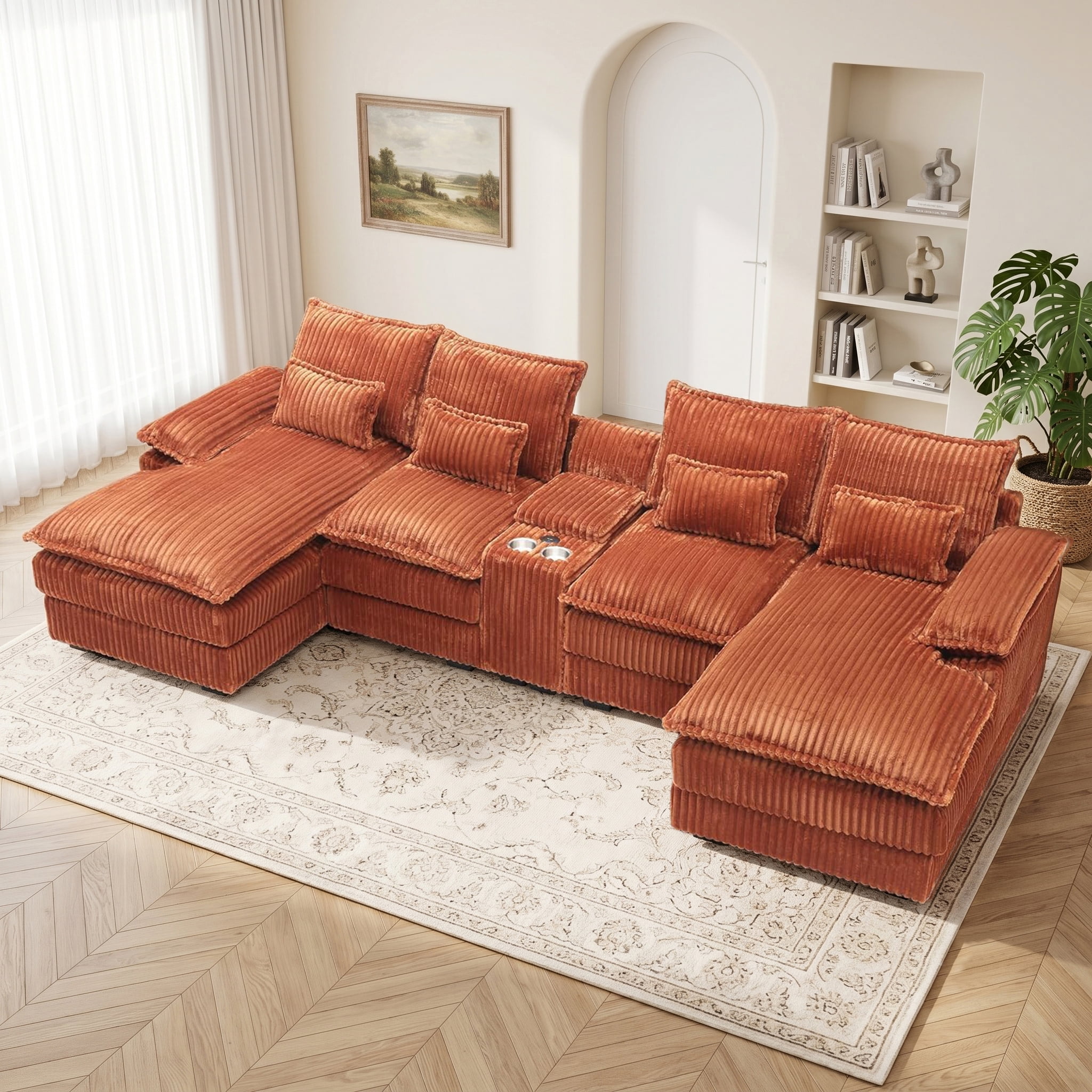 ANPPORT Luxury 124" U Shaped Cloud Modular Sectional Sofa, Corduroy Deep Seat Couch with Storage Console, USB Ports & Cup Holders for Living Room, Orange