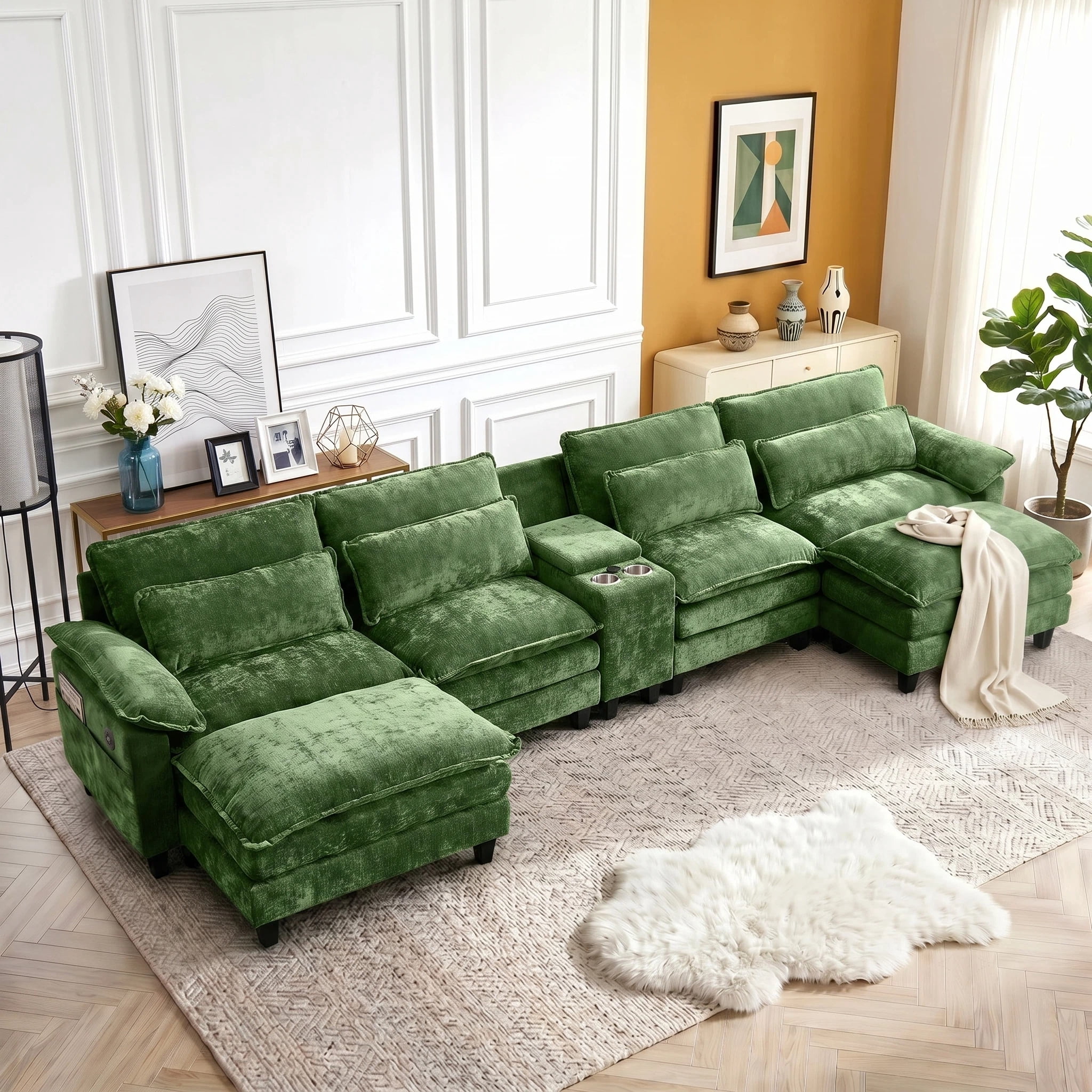 AISWORD U Shaped Cloud Couch Sectional, Oversized Modular Sofa with USB Charging, Hidden Storage, Cup Holders & Double Chaise for Living Room, Green