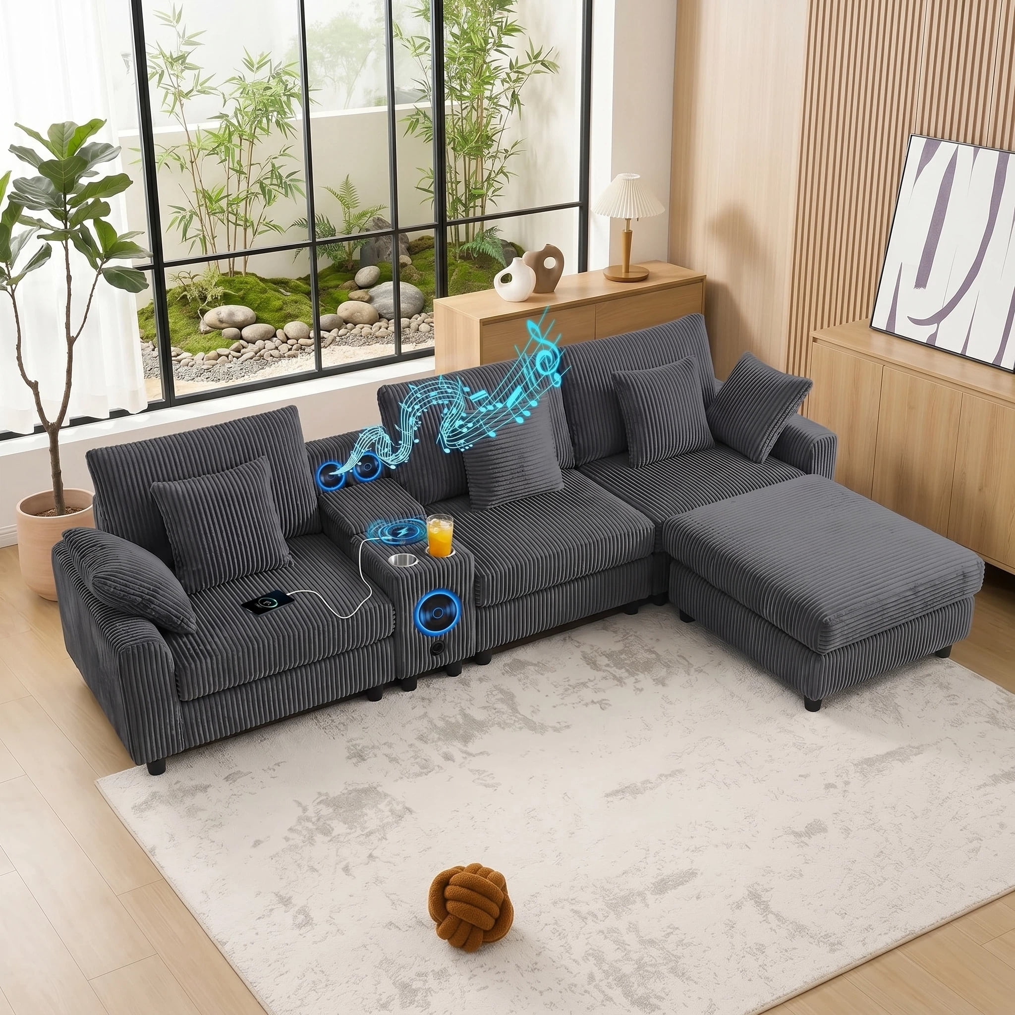 AISWORD 112" U Shaped Sectional Couch with Bluetooth Speakers, USB Charger, Console with Cup Holders & Corduroy Chaise, Dark Grey
