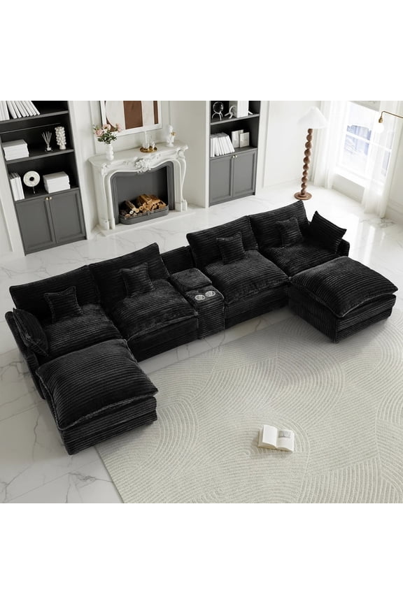 145" U Shaped Cloud Couch Sectional with USB Charging, Hidden Storage, Cup Holders & Double Chaise, Black