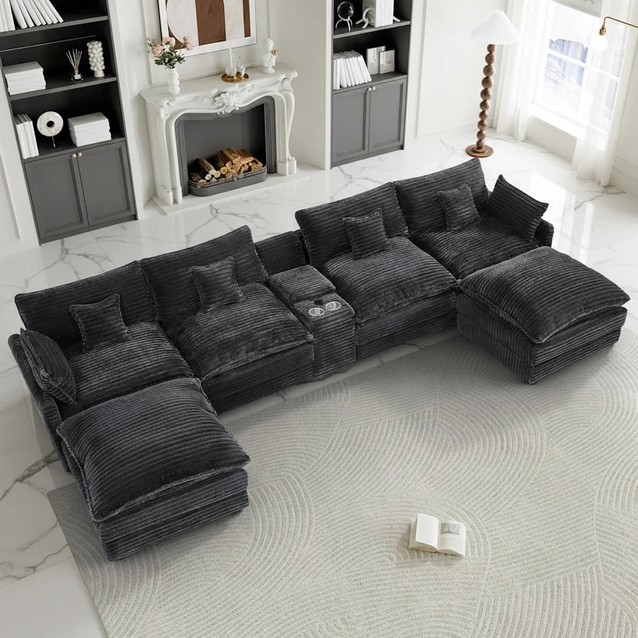 Aisword 145" U Shaped Cloud Couch Sectional with USB Charging, Hidden Storage, Cup Holders & Chenille Double Chaise, Grey