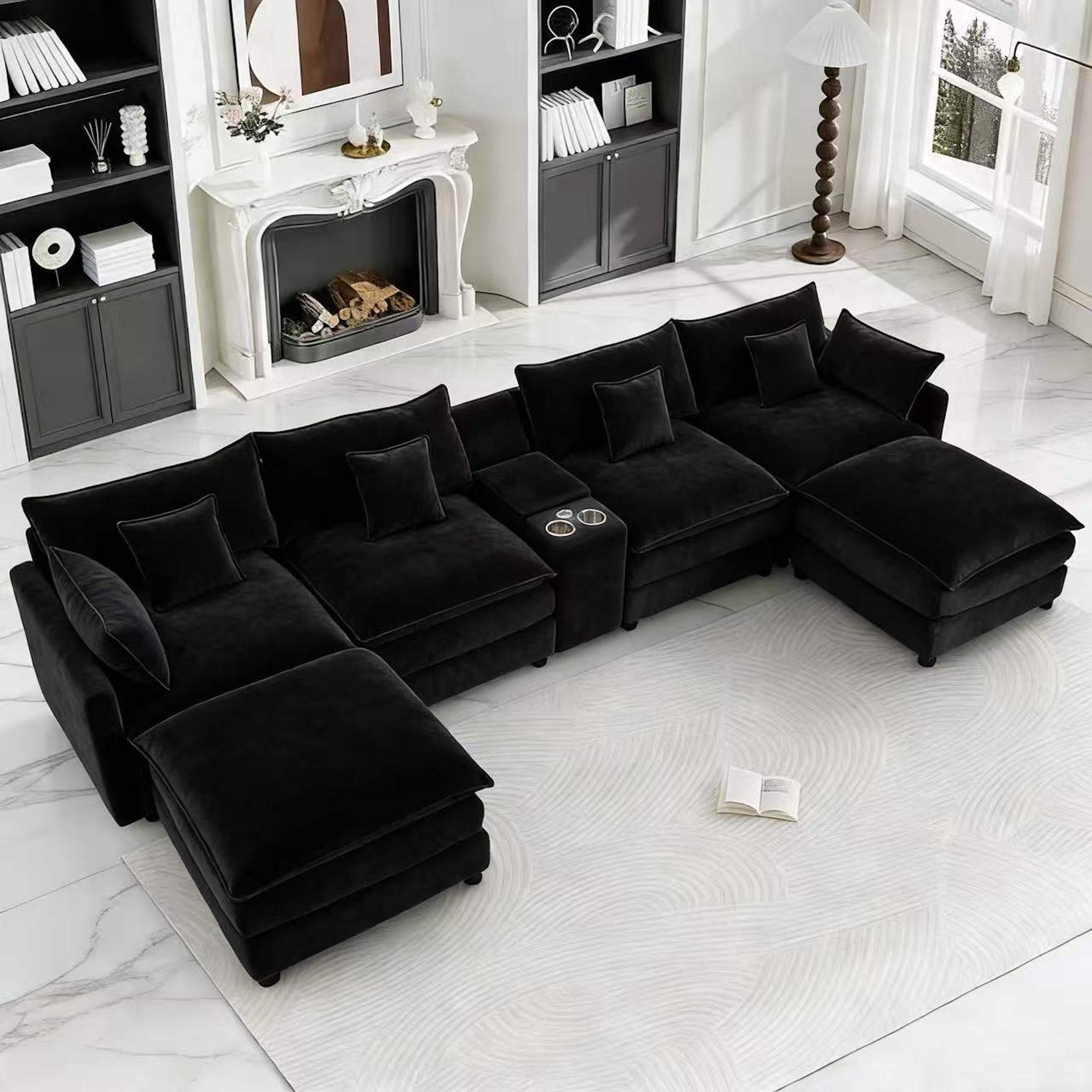 Aisword 145" U Shaped Cloud Couch Sectional with USB Charging, Hidden Storage, Cup Holders & Chenille Double Chaise, Black